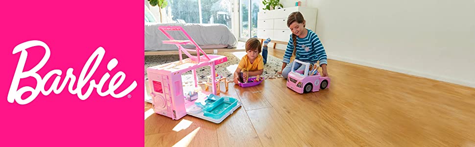 Barbie Camper dei Sogni 3 in 1Playset con 3 Veicoli e 50 Accessori