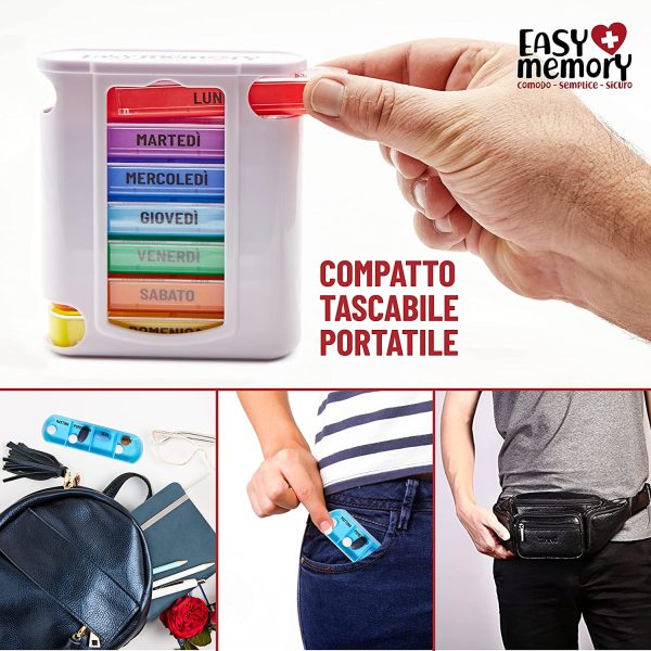 Easy Memory Portapillole Settimanale Italiano con Tabella x Medicinali, 7 Portapastiglie Giornalieri