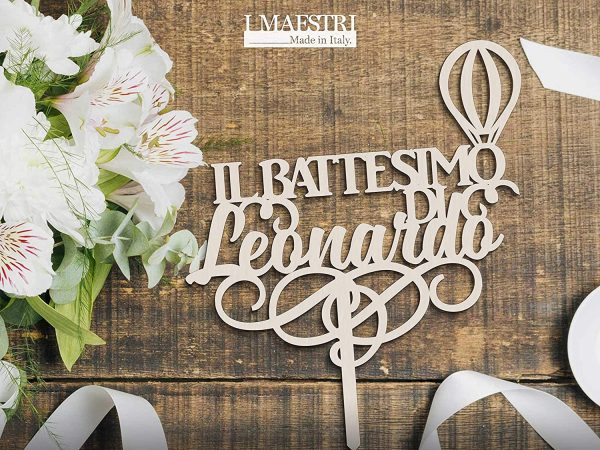 Cake topper BATTESIMO personalizzabile con nome e decoro (mongolfiera, solo nome o nome e cuoricini) - I MAESTRI - immagine 7