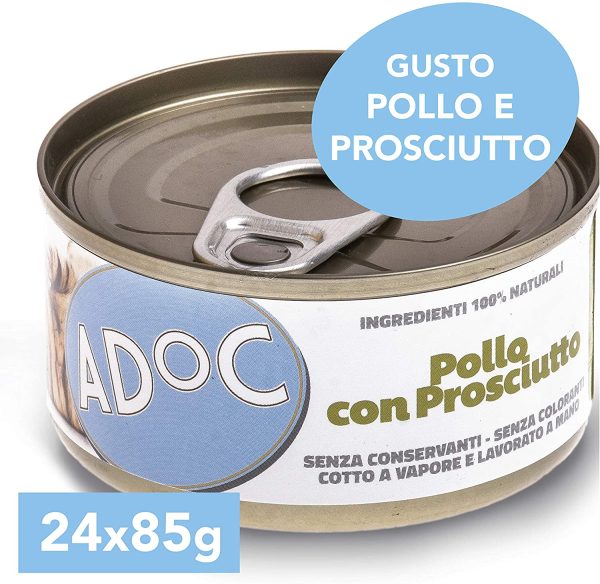 Adoc - Cibo Umido per Gatti Adulti con Ingredienti Naturali Pollo con Prosciutto - 24 lattine da 85gr - immagine 4