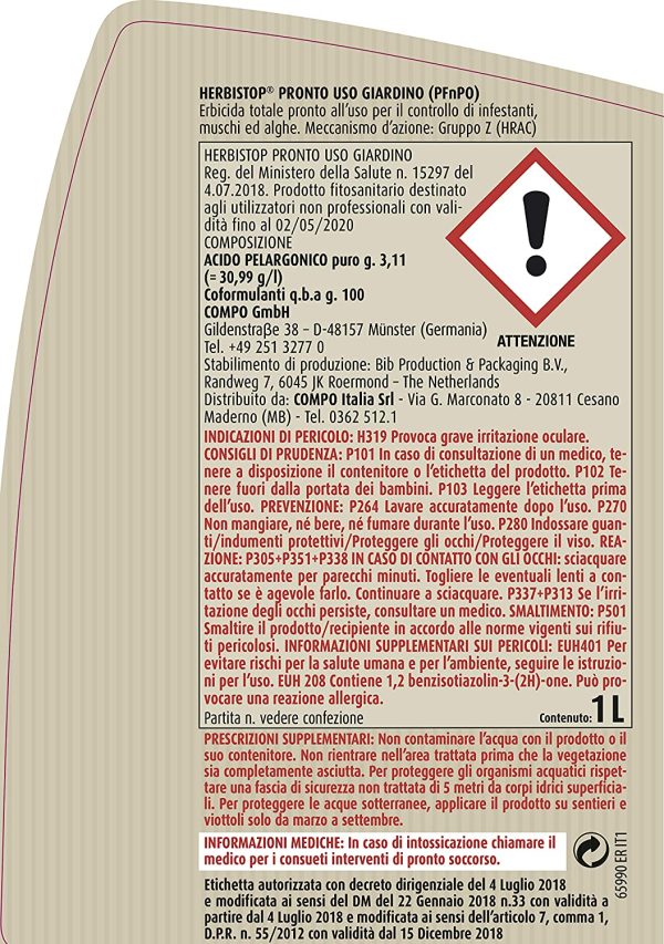 COMPO Erbicida Totale HERBISTOP Pronto Uso Giardino PFnPO, Per Piante Ornamentali, Contro Infestanti, Muschi e Alghe, 1 l - immagine 2