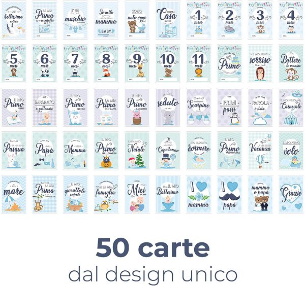 Scatola Dei Ricordi Neonato - Regalo per La Nascita - 50 Milestone Baby Cards Italiano - Pietre Miliari Bambini - immagine 2