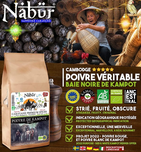 Nab??r - Pepe Nero di Kampot 120 Gr | Bio Pepe di Cambogia | Autentico, Fruttato, Floreale, Speziato