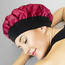 Black model with shower cap