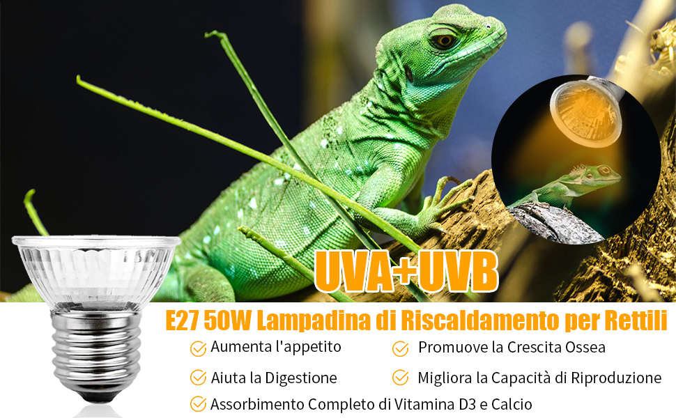 UVA+UVB E27 50W Lampadina di Riscaldamento per Rettili