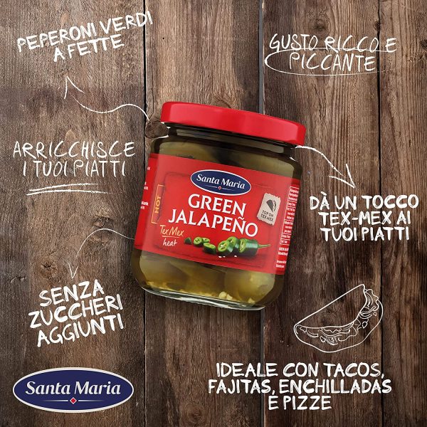 Santa Maria, Green Sliced Jalape?os, Peperoni Verdi a Fette, Gusto Ricco e Molto Piccante, Esalta il Sapore di Tacos, Pizze, Fajitas, Enchiladas, Ideale per Arricchire ogni Tuo Piatto, 215 g