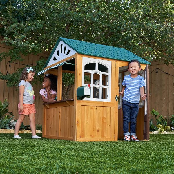 KidKraft 405 Casetta Gioco da Giardino e Esterno Garden View in Legno per Bambini con lavagne, fioriera e Tenda Stile caffetteria, Colore Marrone - immagine 3