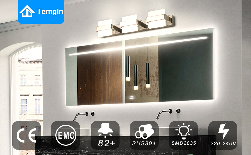 Temgin Applique da Bagno LED 3 Luce Lampada Specchio Bagno Luce per Trucco 18W