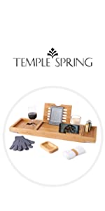 Temple Spring Bamboo Bath Caddy with candle, wine glass, book, tablet, ipad & phone holder