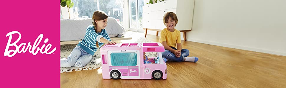 Barbie Camper dei Sogni 3 in 1Playset con 3 Veicoli e 50 Accessori