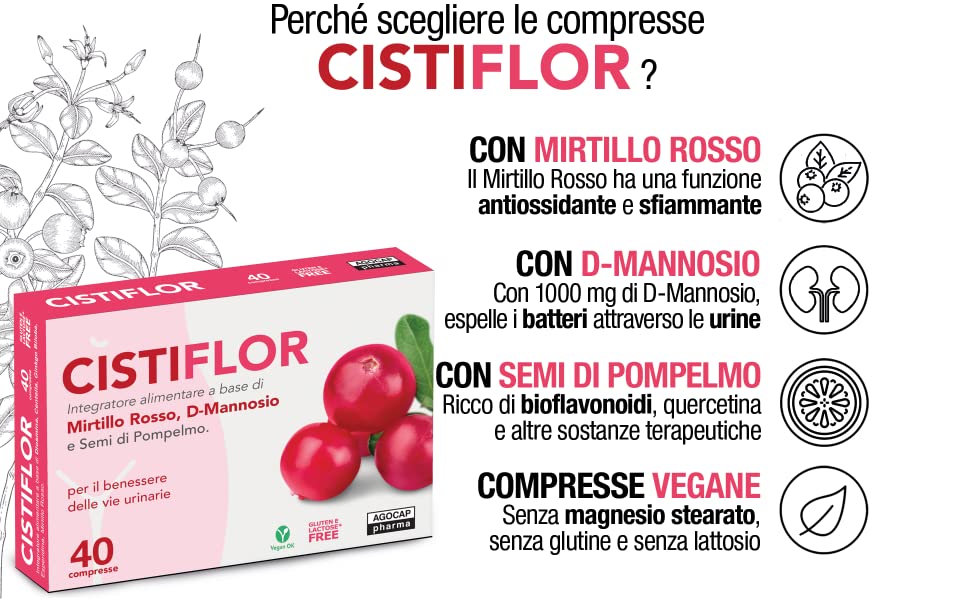 mirtillo rosso, cistiflux a plus 36+d, integratori cistite, mannosio per cistite, lactoflorene cist