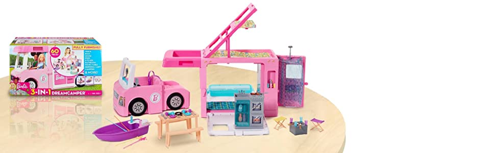 Barbie Camper dei Sogni 3 in 1Playset con 3 Veicoli e 50 Accessori