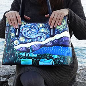 Borsa in pelle dipinta a mano ?C La notte stellata di Van Gogh