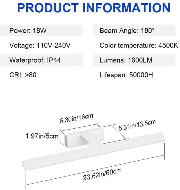 Luce Specchio Bagno Led 60cm, 18W 1600 Lumen, Impermeabile IP44 Lampada da Specchio Bagno, Applique Bagno Specchio Moderno, Bianco Naturale 4500K, Bianco - immagine 7