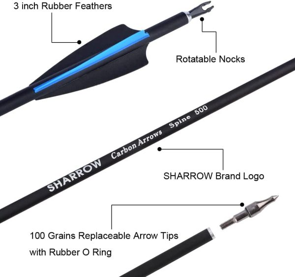 SHARROW 12pcs Freccia di Carbonio 30 Pollici Spine 500 Tiro con L'Arco in Carbonio Frecce per Arco Compound Ricurvo - immagine 5
