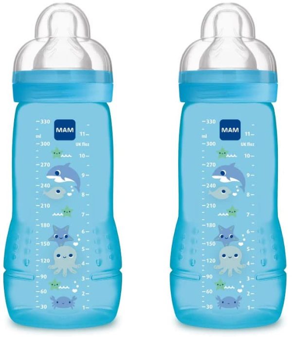 MAM Easy Active, Set 2 Biberon con tettarella misura 3 (flusso rapido), 4+ mesi, 330 ml, azzurro - immagine 2