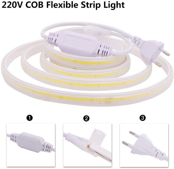 XUNATA Striscia LED COB Flessibile 220V, (Bianco Caldo, 0.5m), IP65 Impermeabile, Nastri LED ad Alta Luminosit?? da 288 LED/m con Cavo di Alimentazione - immagine 5