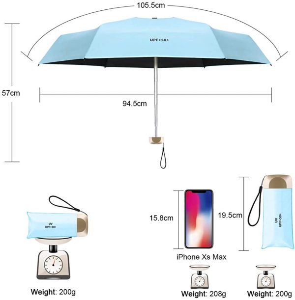 Vicloon Mini Ombrello, Ombrello Tascabile con Manico Dorato & 6 Nervature in Lega di Alluminio, Portatile Compatto Pieghevole Viaggio Ombrello, UPF>50+ Ombrello da Sole/Pioggia - immagine 6