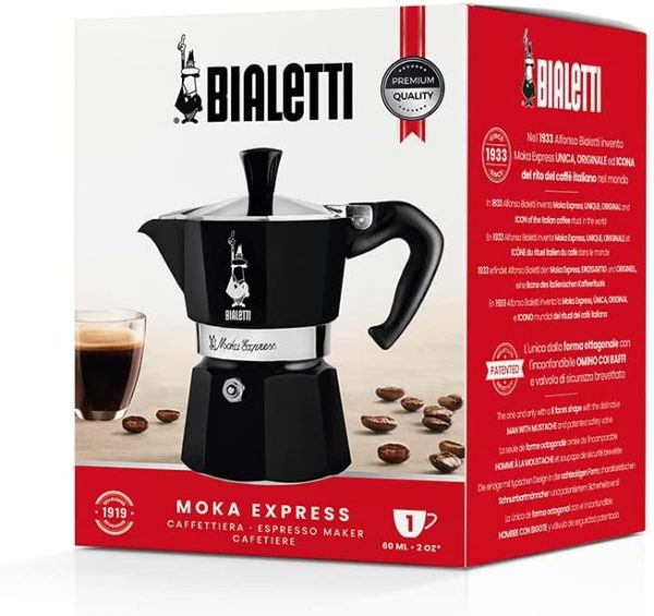 Caffettiera Moka Express Color, 1 Tazza, Manico anti scottatura, Non adatta a induzione, 1 Tazza (60 ml), Alluminio, Nero - immagine 3