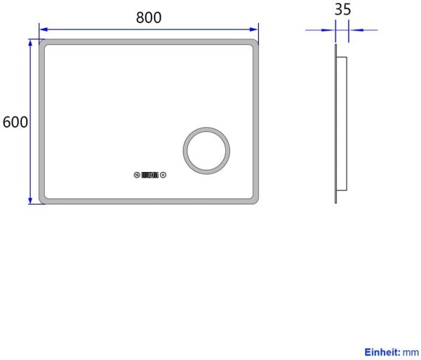 Specchio da bagno a LED, 80 x 60 cm, con illuminazione, luce bianca fredda, con interruttore touch, ingrandimento 3x, senza appannamento, orologio da parete orizzontale - immagine 2