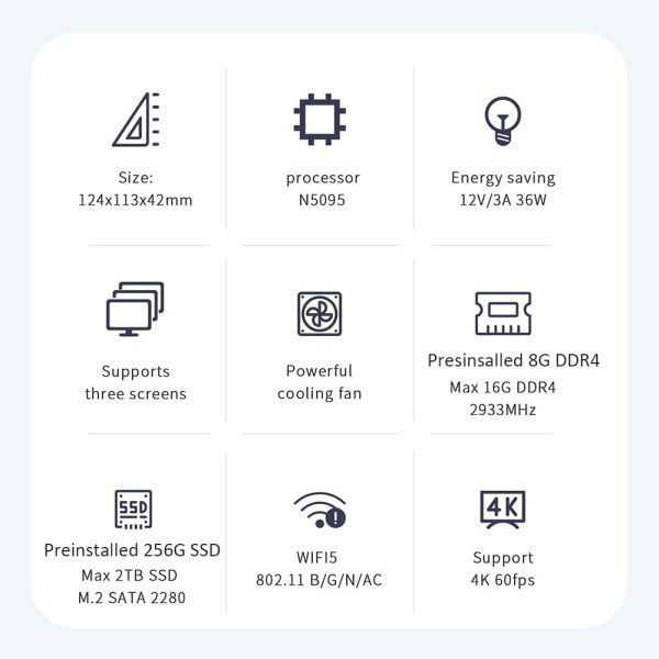 U59 Mini PC, Mini Computer Desktop con Nuovo 11th Generazione Jasper Lake N5095, 8 GB DDR4 + 256 GB SSD M.2, WIFI da 2,4 + 5,8 GHz, Doppio HDMI, Tipo C, 1000 Mbps, BT 4.0, Windows 11 Pro - immagine 4