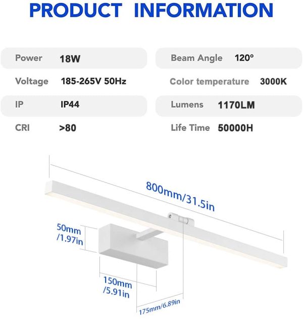 Lampada a Specchio a LED Bagno 24W 1170lm Lampada Armadio Specchio Applique da Parete Moderna Illuminazione da Bagno Bianco Caldo 3000K IP44 - immagine 5