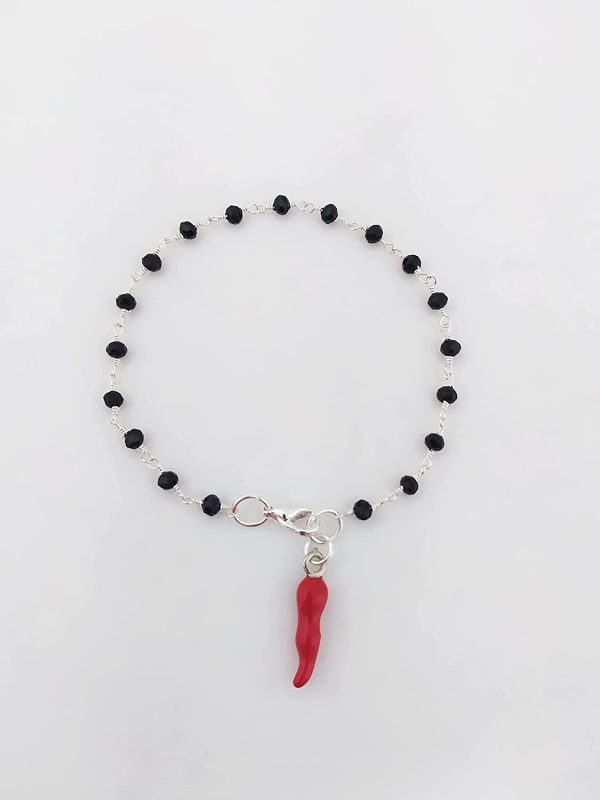 Bracciale stile rosario realizzato a mano colore argento, cristalli neri e CORNETTO ROSSO PORTAFORTUNA.