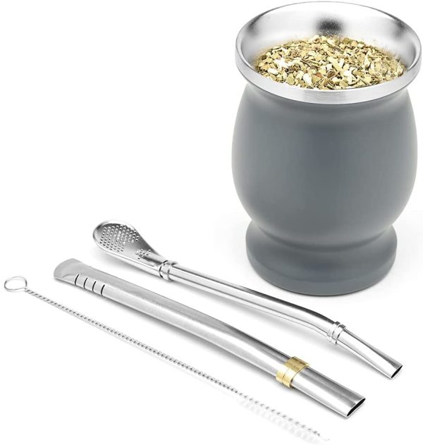 Mate Argentino Doppia Parete in Acciaio Inox Yerba Mate Set (Tazza Mate) con Bombilla (Paglia Yerba Mate) (Grigio) - immagine 4