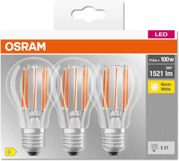 OSRAM LED BASE Classic A100, lampade LED a filamento chiaro in vetro per base E27, forma di lampadina, bianco caldo (2700K), 1521 lumen, sostituzione di lampadine tradizionali 100W, scatola da 3