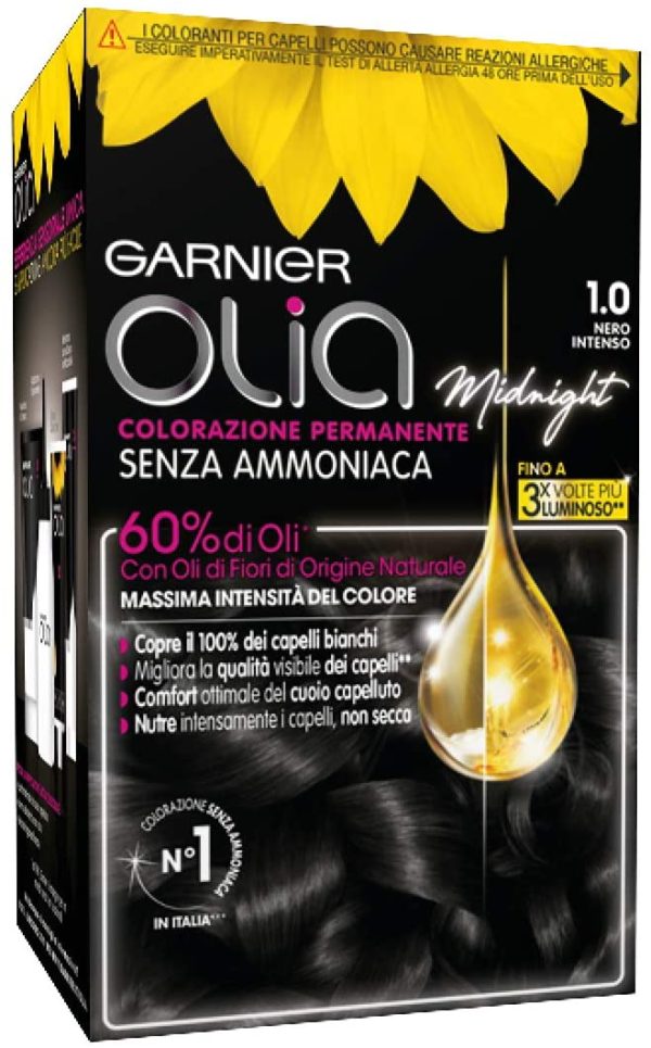 Garnier, Colorazione permanente Olia, Senza ammoniaca, Con oli di fiori di origine naturale, Nero intenso (1.0) - immagine 2