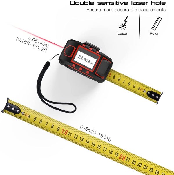 Metro Laser 40M, Misuratore Laser 2 in 1, Metro a Nastro 40M e nastro di misura 5M, con ricarica Type-C e display digitale LCD, 50 gruppi di memoria dati, misure di distanza/area/volume - immagine 6