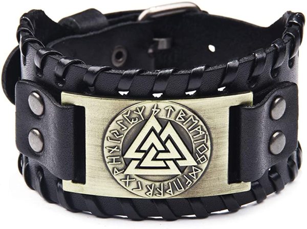 Bracciale da uomo in vera pelle intrecciata nera in vera pelle intrecciata con motivo Totem Odino - immagine 3