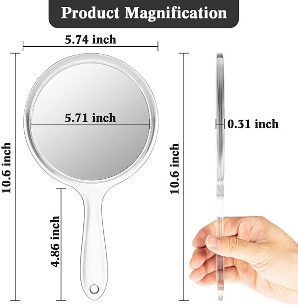 Specchio a Mano Specchietto Manuale Specchio Palmare su Due Lati Specchio Ingranditore 1X/3X con Manico Specchio per Trucco di Forma Arrotondata Specchio Multiuso per Donne, Trasparente - immagine 3