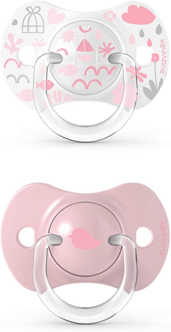 Suavinex, Confezione da 2 Succhietti con Tettina Simmetrica in Silicone SX Pro, per Bambini da 0 a 6 Mesi, Rosa - immagine 3