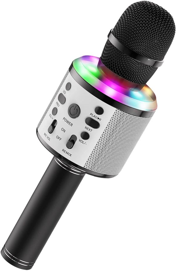 Microfono Karaoke Bambini, FISHOAKY 5 in 1 Microfono Bluetooth Wireless con Altoparlante e Controllabili Luci LED, Portatile Microfono Cambia Voce per Cantare, Palmare Karaoke per Android/IOS (nero) - immagine 7