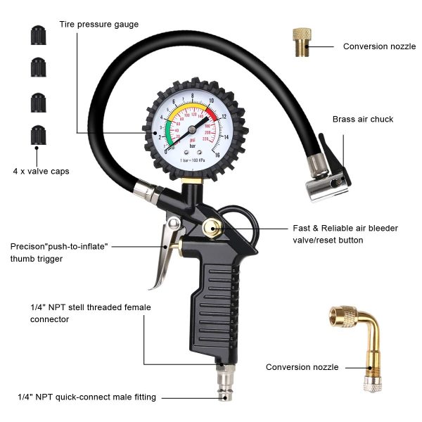 URAQT Manometro Digitale Pressione, Manometro Pressione Gomme Pneumatici Misuratore di Pressione per Pneumatici Auto e Moto, Resistente, con Mandrini Dritti e ad Angolo retto