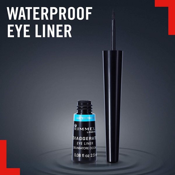 Rimmel London Eyeliner Waterproof Exaggerate Liquid, Eyeliner ultra definizione Liquido a Lunga Durata, Black