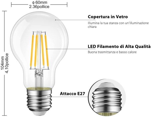 Lampadine di filamenti a LED Attacco E27,11W Equivalenti a 100W,1521LM,2700K Luce Bianca Calda,A60 Stile Vintage Retrò,Consumo Basso,Risparmio Energetico,Non Dimmerabile,Pacco da 6 Pezzi - immagine 8