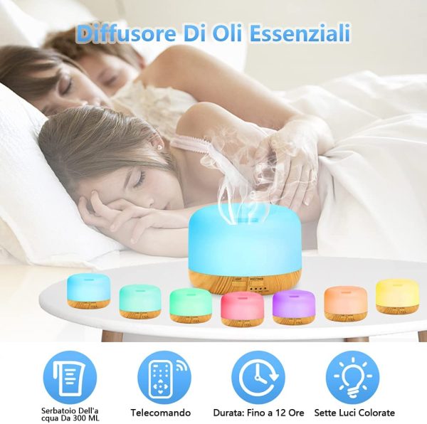 Diffusore di oli Essenziali, 300 ML Diffusore di Aromi, Ultrasuoni Umidificatore, Diffusore di Aromi Elettrico, Diffusore, Diffusore di Essenze con 7 Colori LED Selezionabili, Con Telecomando - immagine 5