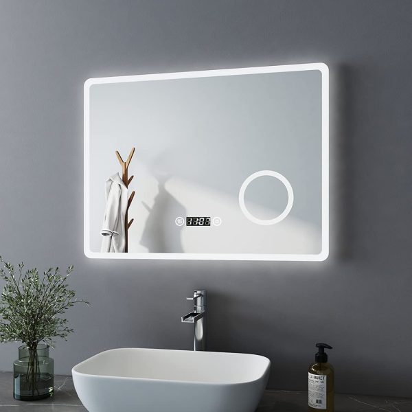 Specchio da bagno a LED, 80 x 60 cm, con illuminazione, luce bianca fredda, con interruttore touch, ingrandimento 3x, senza appannamento, orologio da parete orizzontale - immagine 6