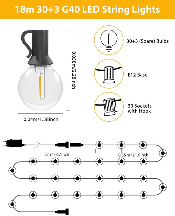 Catena Luminosa Esterno, 59.88ft/18.25M 30+3 G40 LED Luci Esterno Impermeabile & Infrangibile Luci LED Esterno IP44 Catene Luminose per Esterni per Caff?? Giardino Festa Matrimonio Terrazzo - immagine 3