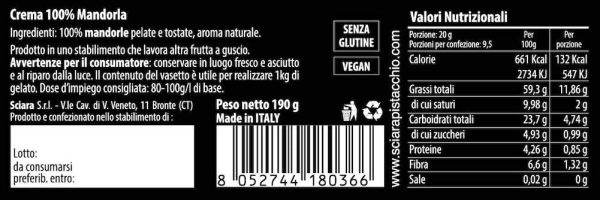 SCIARA - Crema 100% Mandorla. Crema di Mandorla naturale e genuina. Senza zucchero, senza lattosio, senza glutine. Pasta pura di mandorla. Da spalmare o per gelati e prodotti di pasticceria. - immagine 4