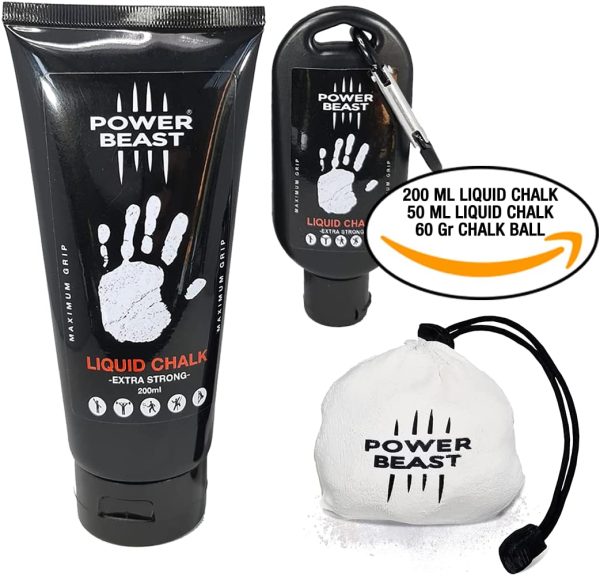 Power Beast Pack Magnesite Liquido 200Ml+50Ml+60Gr, Magnesite Esfera Riutilizzabile, Liquid Chalk, Gesso Liquido, Sollevamento Pesi, Arrampicata, PoleDance, Cross Training. - immagine 2