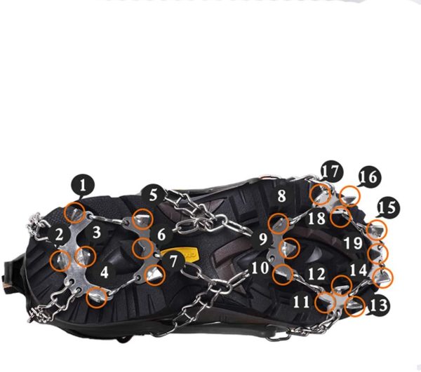 Suntapower Tipo di Cinturino Ramponi, 19 Denti Artigli Multi-Funzione Antiscivolo Ice Cleat Ramponi con Catena in Acciaio Inox per Picco di Ghiaccio Escursionismo Camping Moutaineering, Nero