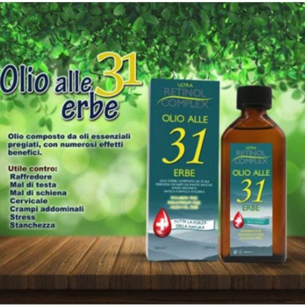 Retinol Complex Olio alle 31 Erbe senza Parabeni, Paraffina e Alcohol utile contro Mal di Testa e dolori al corpo - 100ml