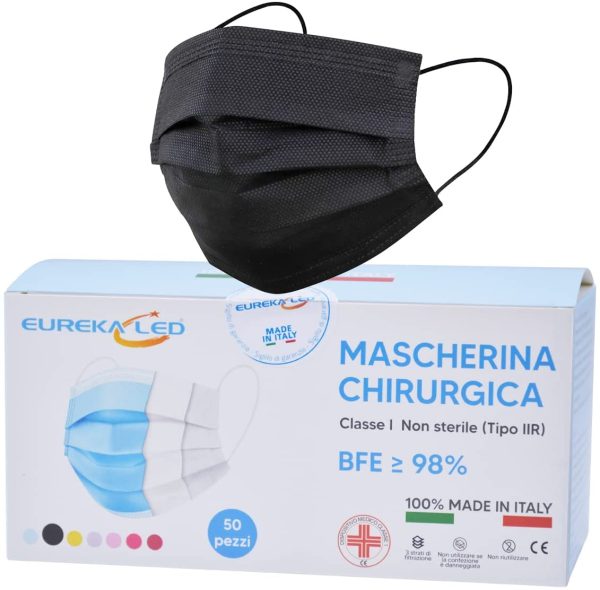 50 Mascherine Chirurgiche Nere - 100% Made In Italy - Certificate CE - Dispositivo medico tipo IIR - Alta Efficienza di Filtrazione BFE??98% Monouso con Elastici Morbidi e Resistenti - immagine 4