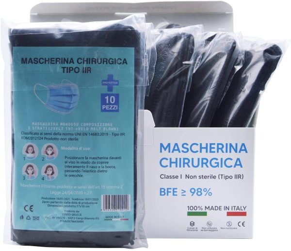 50 Mascherine Chirurgiche Nere - 100% Made In Italy - Certificate CE - Dispositivo medico tipo IIR - Alta Efficienza di Filtrazione BFE??98% Monouso con Elastici Morbidi e Resistenti - immagine 8