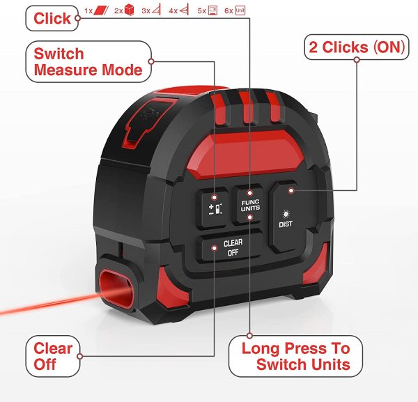 Metro Laser 40M, Misuratore Laser 2 in 1, Metro a Nastro 40M e nastro di misura 5M, con ricarica Type-C e display digitale LCD, 50 gruppi di memoria dati, misure di distanza/area/volume - immagine 8