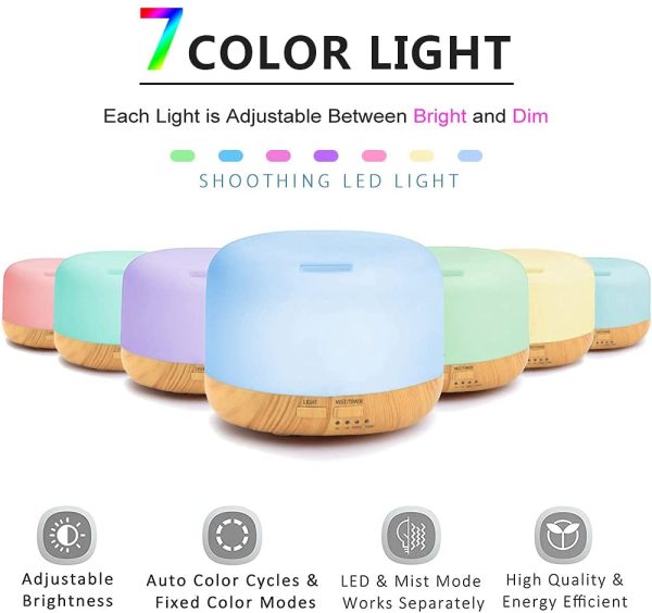 Umidificatore Ad Ultrasuoni 450ML, Diffusore di Oli Essenziali, Diffusore di Aromi con Telecomando 7 Colori Luci LED Umidificatore Per Soggiorno, Camera Letto, Bambino, Yoga, Spa, Ufficio - immagine 2