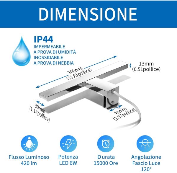 Luce LED da Specchio per il Bagno,Lunghezza 30cm,6W Equivalente a 37W,420LM,IP44 Impermeabile Resistente ad Acqua,Luce Bianca Naturale 4000K,Lampada LED Parete Lavabo,Pacco da un Pezzo - immagine 6